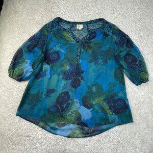 Anthropologie Fig & Flower Sheer Floral Watercolor Blouse Top Blue Womens 2X